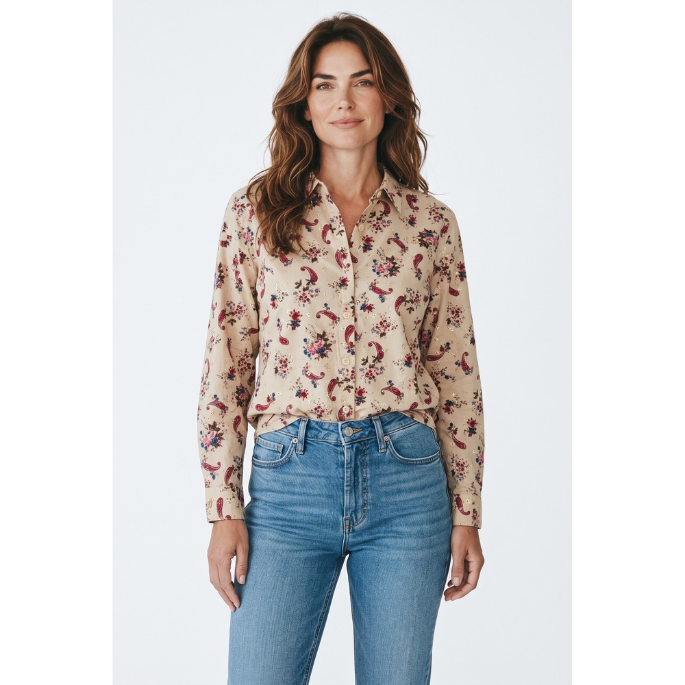 Lemon Grass Women Beige Floral Paisley Gold Embroidered Cotton Button Down Large